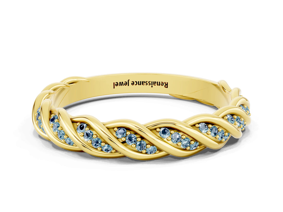 Yellow gold Twisted Pavé Round Aquamarine Eternity Band with Shared Prong Setting_6