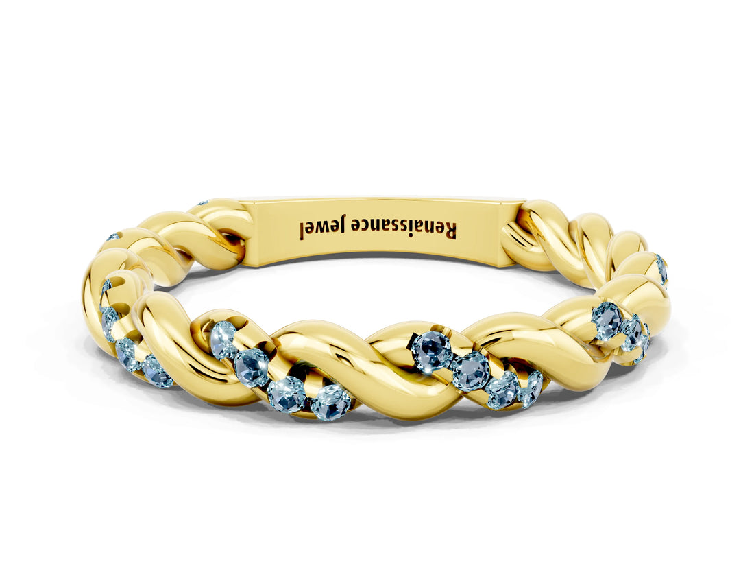 Yellow gold Twisted Pavé Round Aquamarine Eternity Band_6