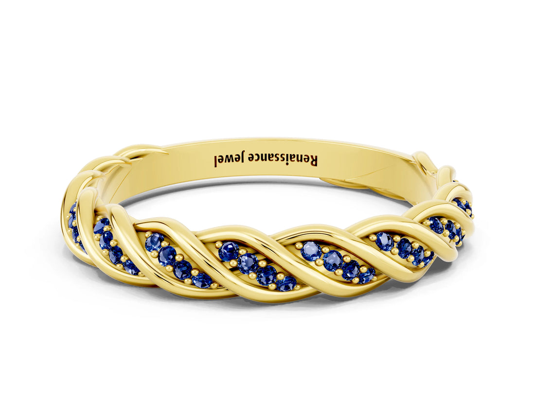 Yellow gold Twisted Pavé Round Blue Sapphire Eternity Band with Shared Prong Setting_6