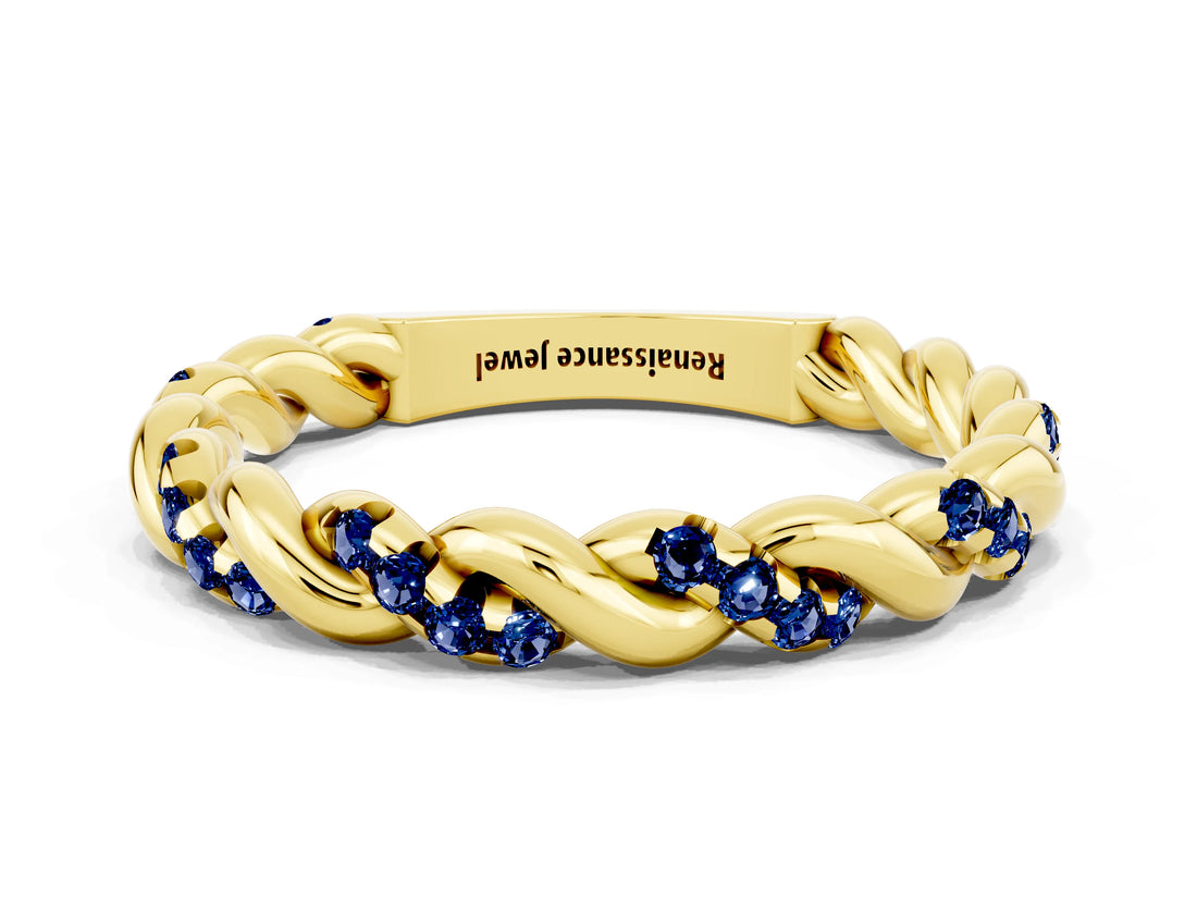 Yellow gold Twisted Pavé Round Blue Sapphire Eternity Band_6