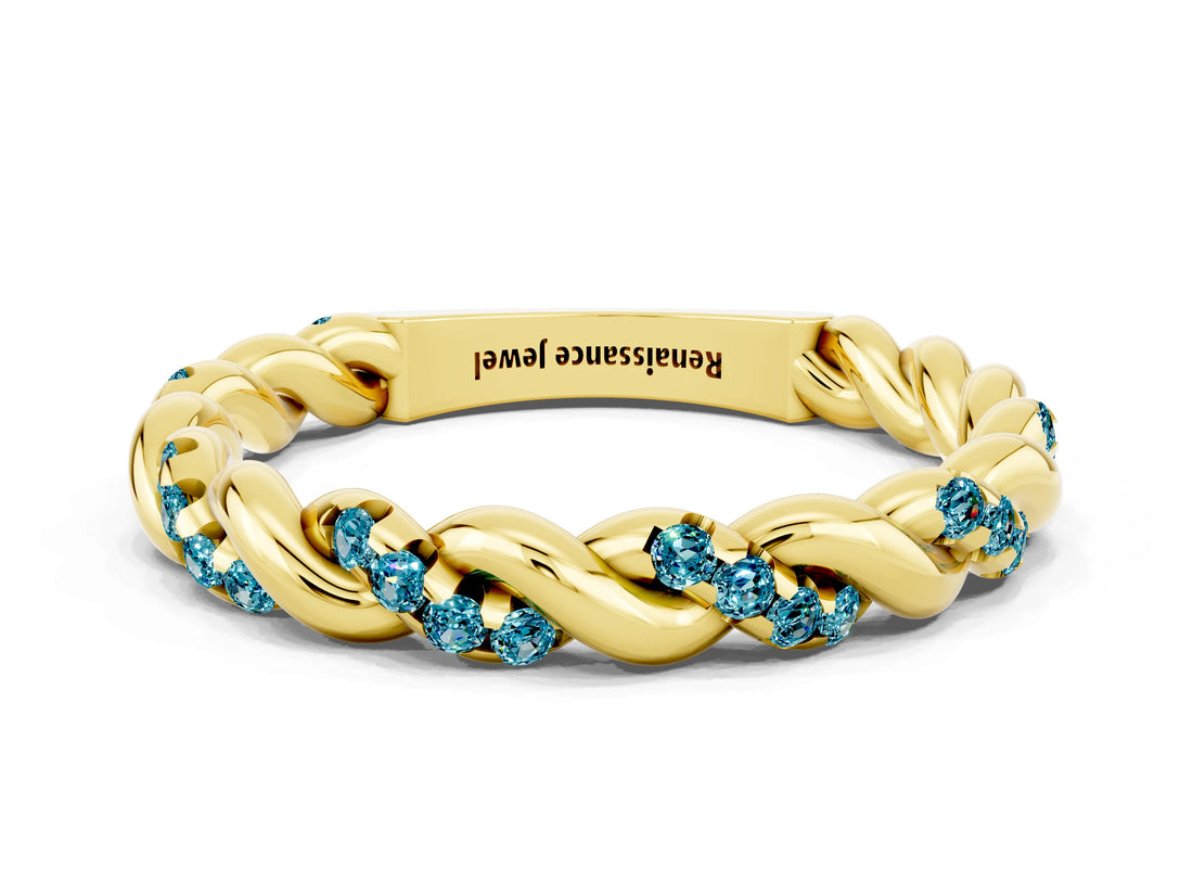 Yellow gold Twisted Pavé Round Blue Topaz Eternity Band_6
