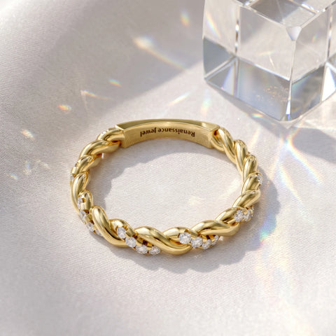 18K Yellow Gold Twisted Pavé Round Diamond Eternity Band