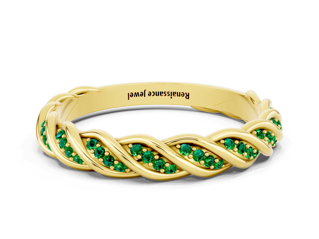 Yellow gold Twisted Pavé Round Emerald Eternity Band with Shared Prong Setting_6