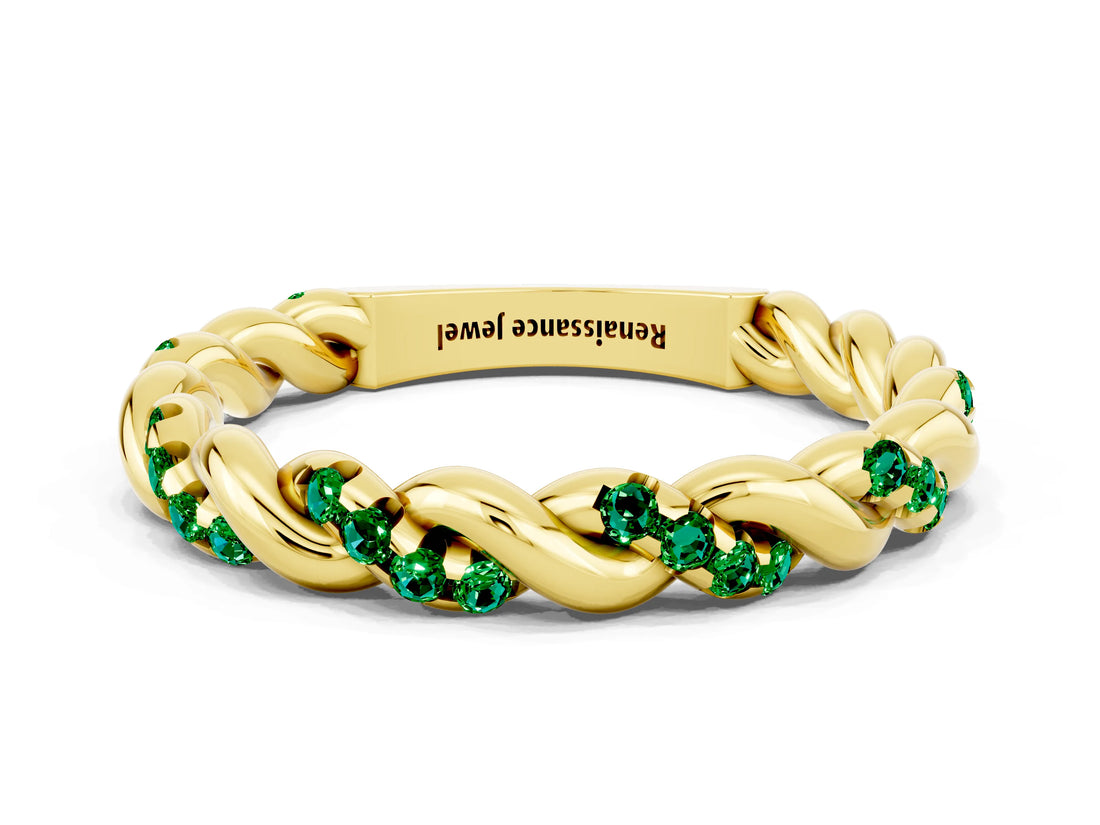 Yellow gold Twisted Pavé Round Emerald Eternity Band_6