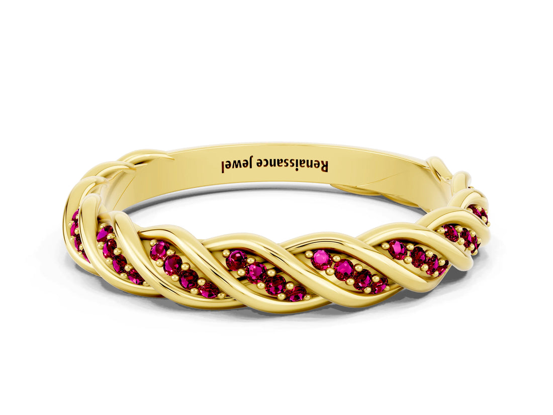 Yellow gold Twisted Pavé Round Garnet Eternity Band with Shared Prong Setting_6