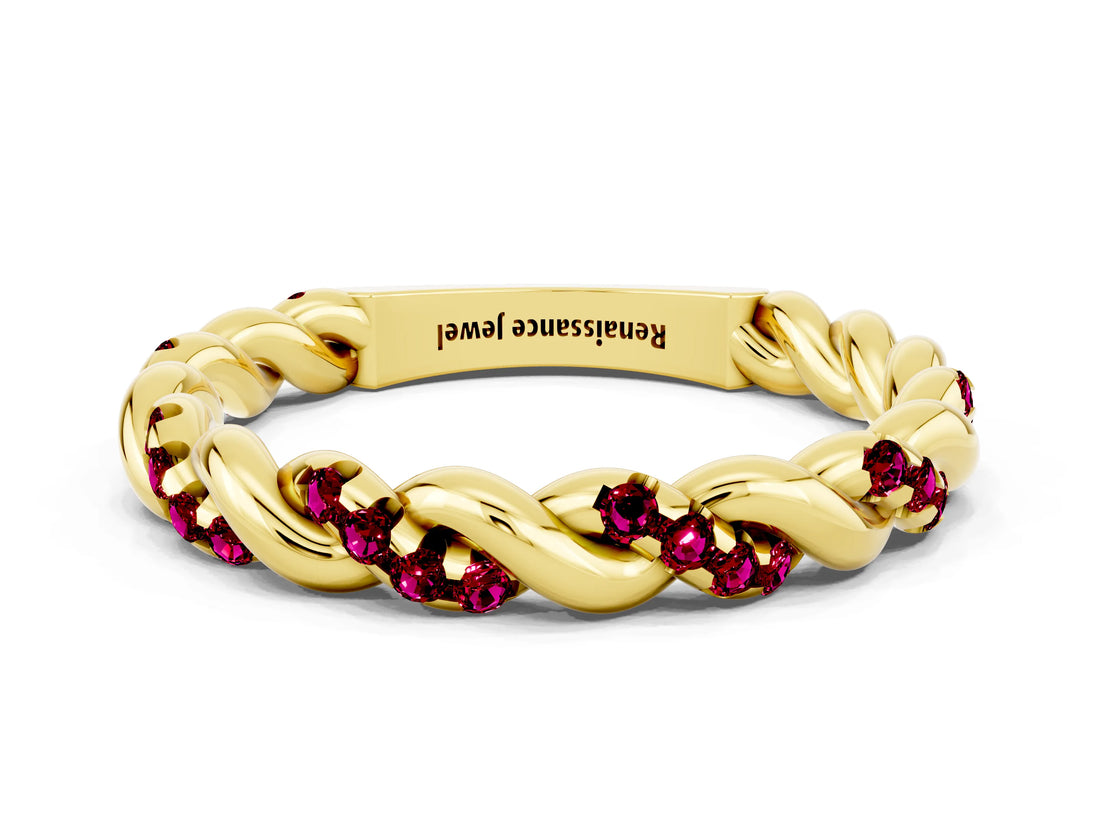 Yellow gold Twisted Pavé Round Garnet Eternity Band_6