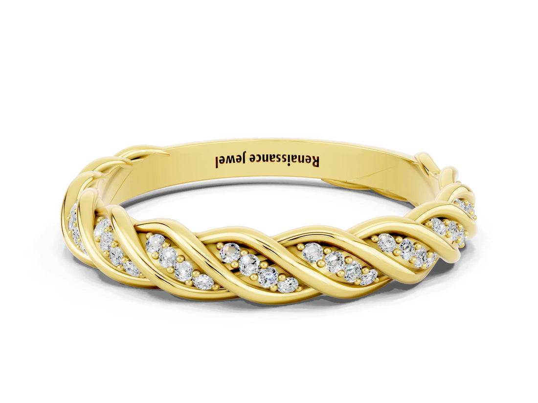 Yellow gold Twisted Pavé Round Moissanite Eternity Band with Shared Prong Setting_6