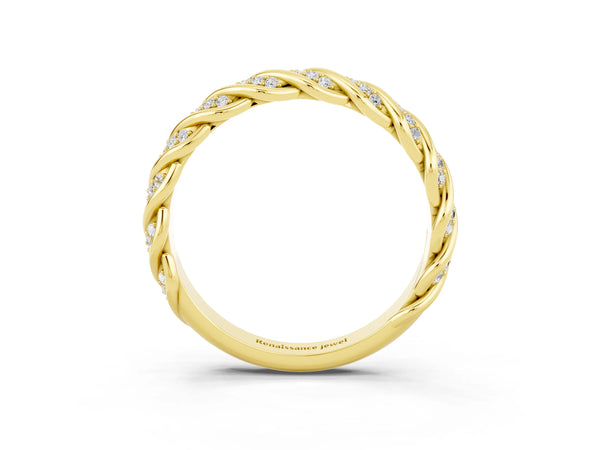 Yellow Gold Round Moissanite Twisted Rope Pave Half Eternity Wedding Band