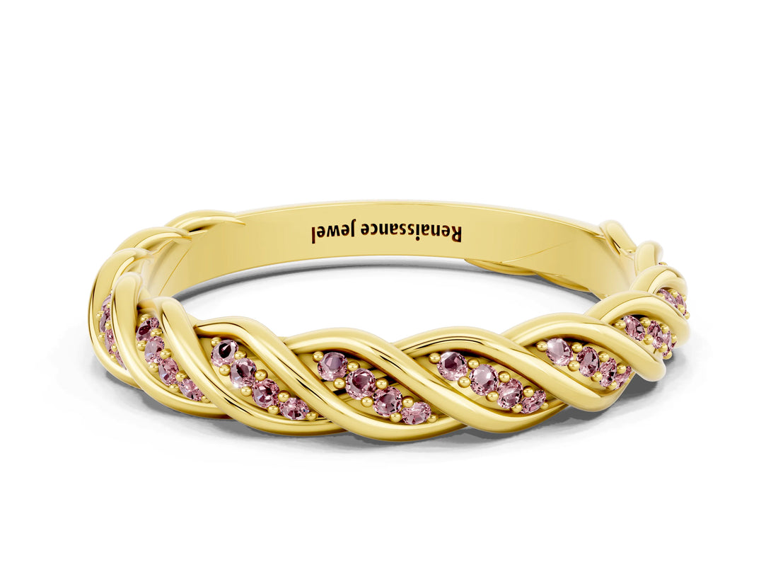 Yellow gold Twisted Pavé Round Morganite Eternity Band with Shared Prong Setting_6