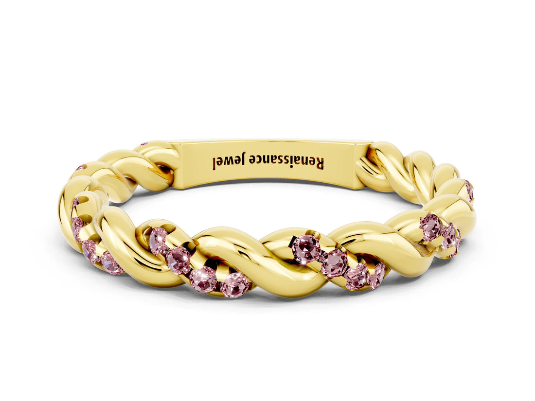 Yellow gold Twisted Pavé Round Morganite Eternity Band_6
