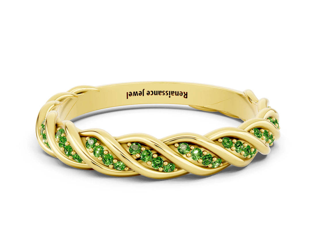 Yellow gold Twisted Pavé Round Peridot Eternity Band with Shared Prong Setting_6