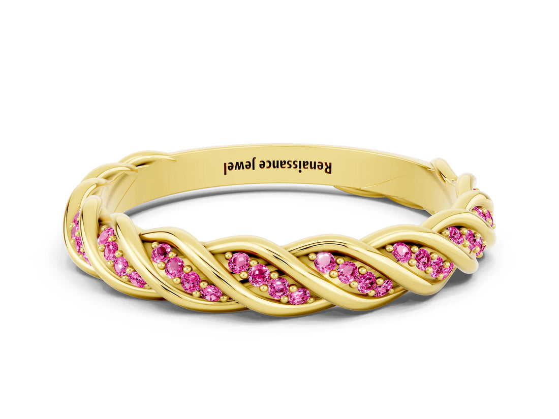 Yellow gold Twisted Pavé Round Pink Sapphire Eternity Band with Shared Prong Setting_18