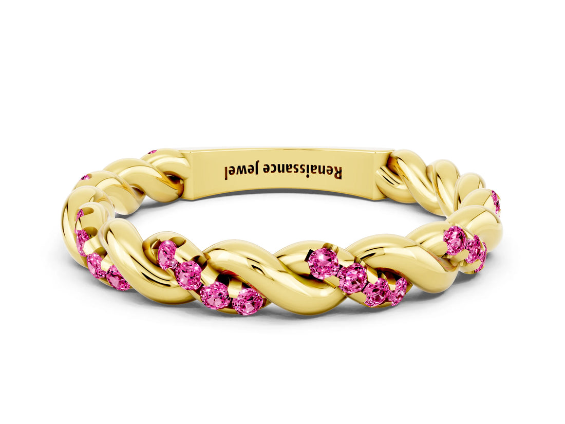 Yellow gold Twisted Pavé Round Pink Sapphire Eternity Band_18
