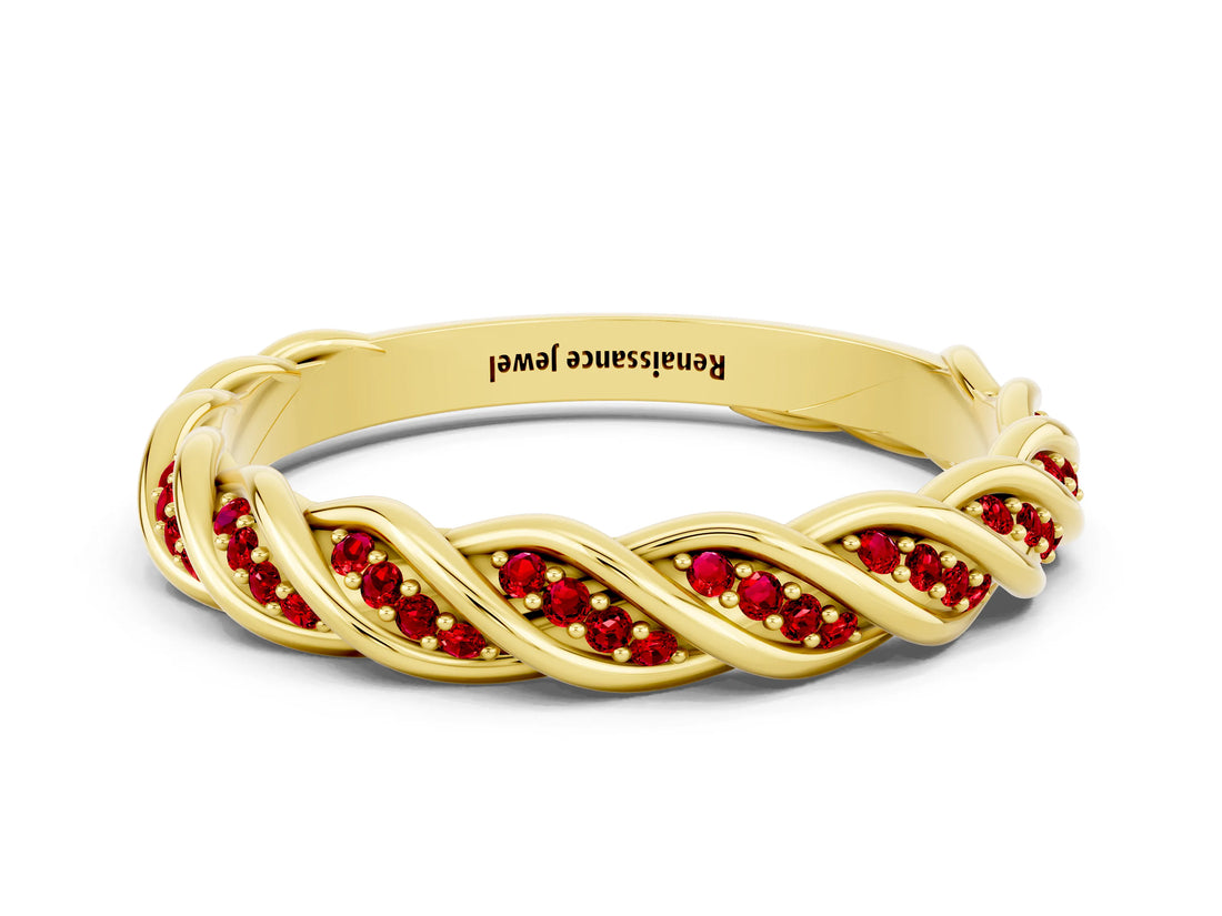 Yellow gold Twisted Pavé Round Ruby Eternity Band with Shared Prong Setting_6