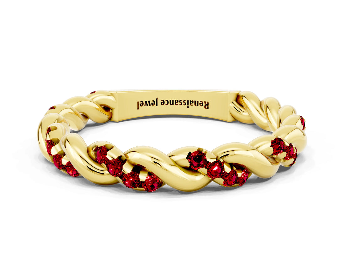 Yellow gold Twisted Pavé Round Ruby Eternity Band_6