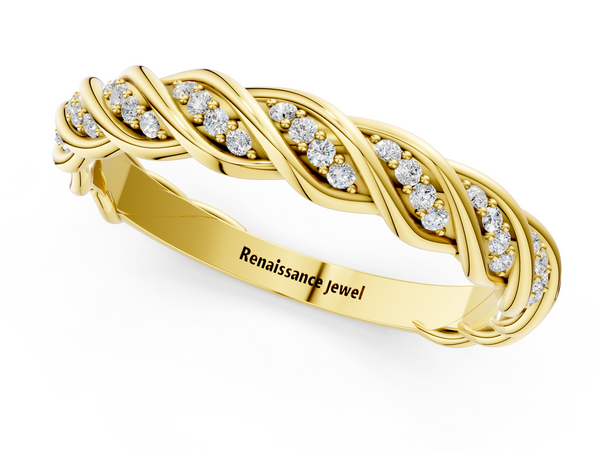 Yellow gold Twisted Pavé Round Diamond Eternity Band with Shared Prong Setting