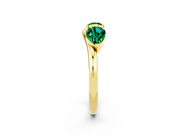 Yellow Gold Pear-Shaped Lab-Grown Emerald Two Stone Curved Wedding Band with Prong Set Pears