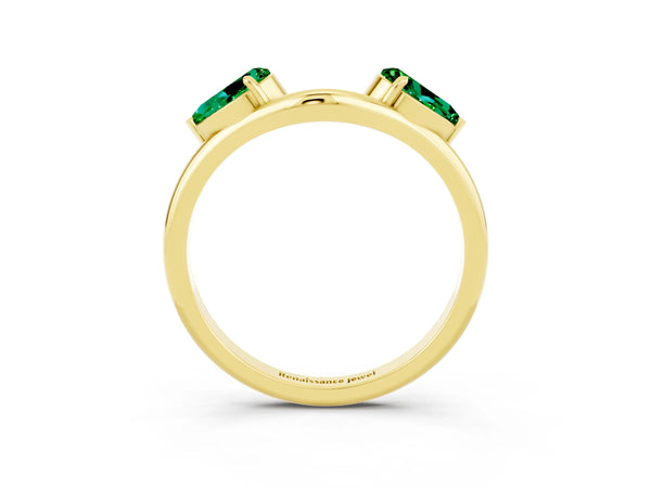 Yellow Gold Pear-Shaped Lab-Grown Emerald Two Stone Curved Wedding Band with Prong Set Pears