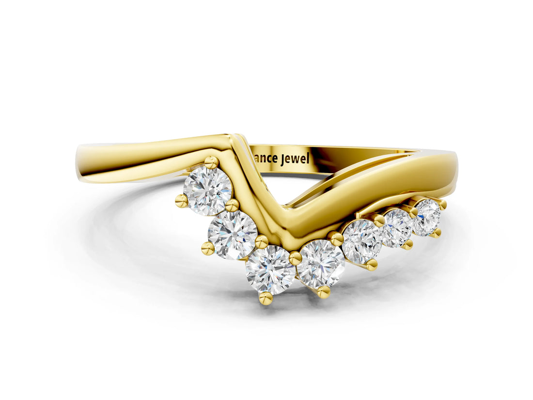 Yellow gold V-Shaped Diamond Accent Band with Round Brilliant Stones and Prong Setting_4