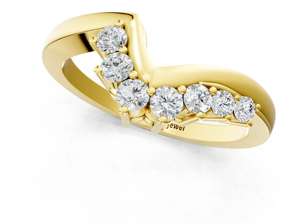 Yellow gold V-Shaped Diamond Accent Band with Round Brilliant Stones and Prong Setting