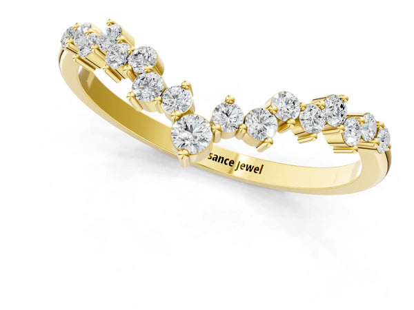 Yellow gold V-Shaped Diamond Cluster Curved Band with Round Brilliant Cut Stones and Prong Setting