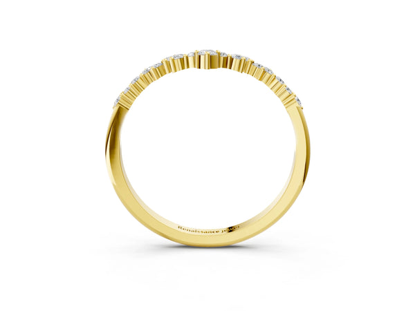 Yellow gold V-Shaped Diamond Cluster Curved Band with Round Brilliant Cut Stones and Prong Setting