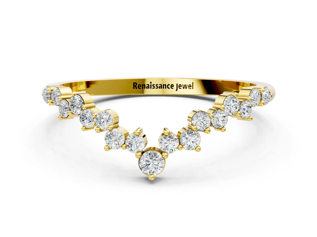 14K Yellow Gold V-Shaped Diamond Cluster Curved Band with Round Brilliant Cut Stones and Prong Setting