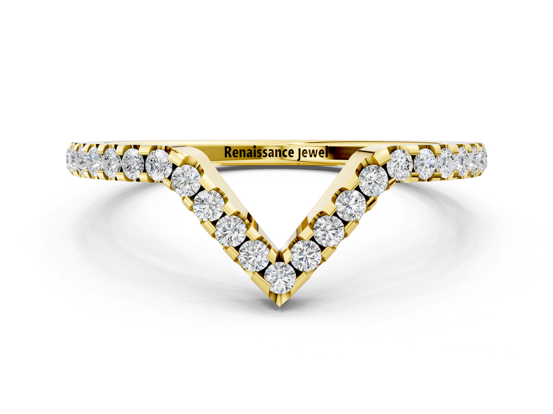 Yellow gold V-Shaped Pavé Round Diamond Chevron Band with Shared Prong Setting_4