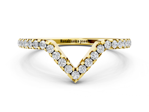 Yellow gold V-Shaped Pavé Round Diamond Chevron Band with Shared Prong Setting