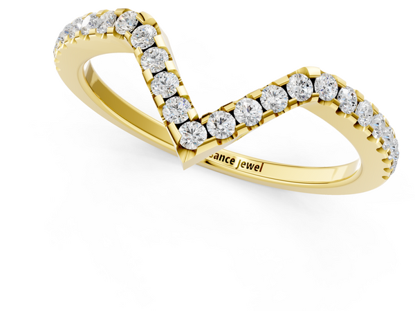 Yellow gold V-Shaped Pavé Round Diamond Chevron Band with Shared Prong Setting