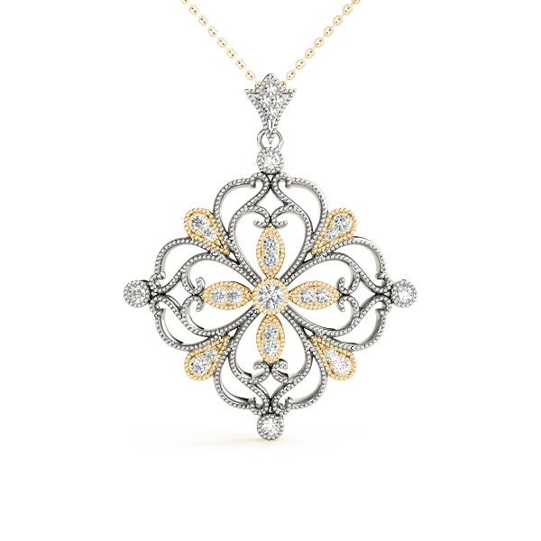 Yellow gold Vintage Floral Diamond Pendant with Round Brilliant Cut and Pavé Setting