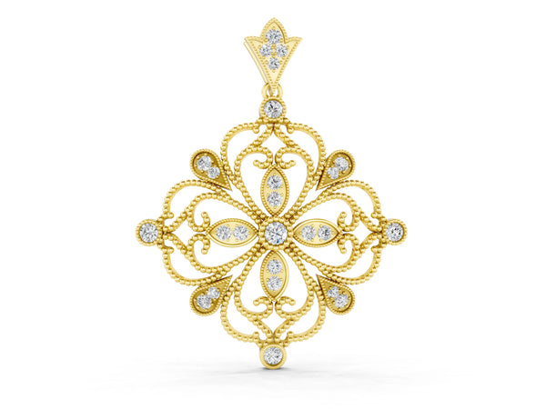 Yellow gold Vintage Floral Diamond Pendant with Round Brilliant Cut and Pavé Setting