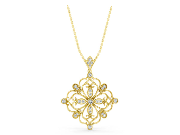 Yellow gold Vintage Floral Diamond Pendant with Round Brilliant Cut and Pavé Setting