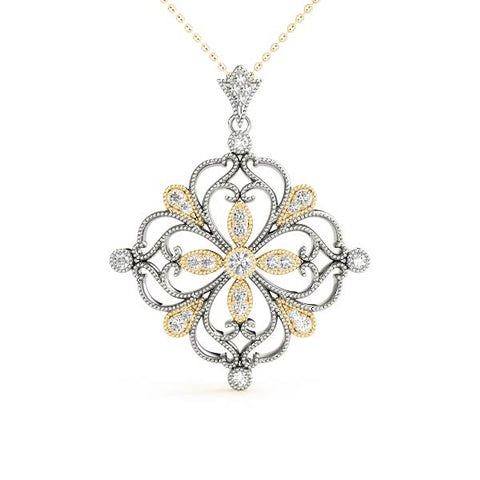 Yellow gold Vintage Floral Diamond Pendant with Round Brilliant Cut and Pavé Setting