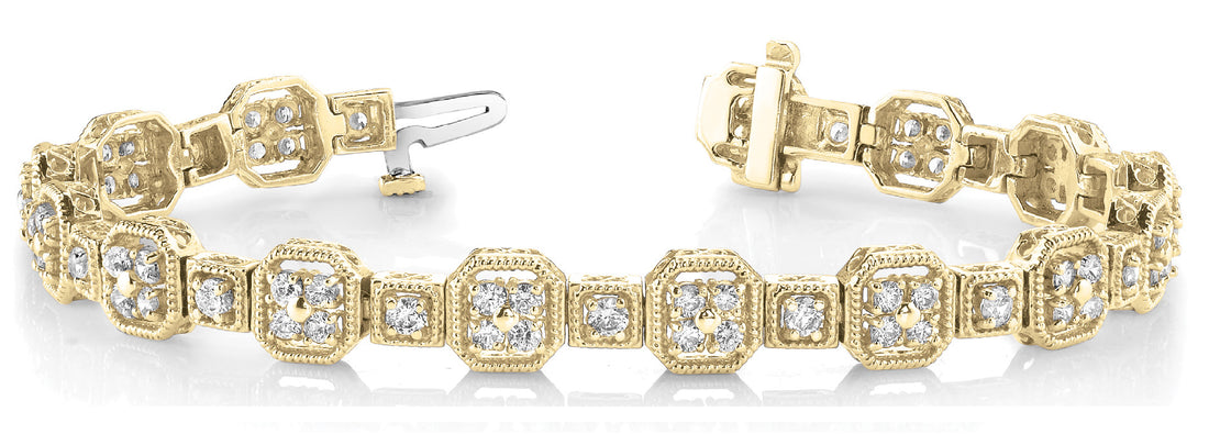 Yellow gold Vintage Milgrain Diamond Tennis Bracelet with Round Cut Stones and Bezel Setting