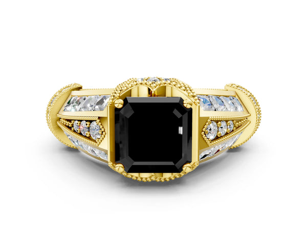 Yellow Gold Asscher Cut Vintage Hidden Halo Engagement Ring Setting for Black Center