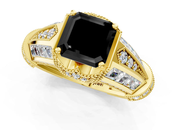 Yellow Gold Asscher Cut Vintage Hidden Halo Engagement Ring Setting for Black Center