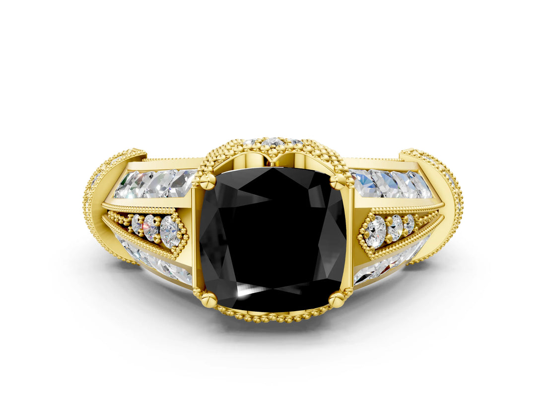 Yellow gold Vintage Milgrain Fancy Black Cushion Cut Diamond Split Shank Ring with Prong Setting
