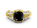 Yellow gold Vintage Milgrain Fancy Black Cushion Cut Diamond Split Shank Ring with Prong Setting