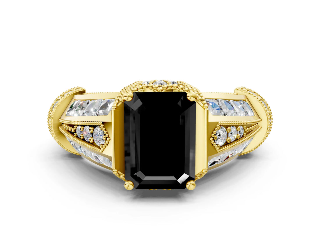 Yellow gold Vintage Milgrain Fancy Black Emerald Cut Diamond Split Shank Ring with Prong Setting