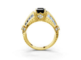 Yellow gold Vintage Milgrain Fancy Black Emerald Cut Diamond Split Shank Ring with Prong Setting_3