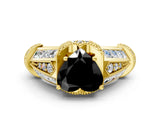 Yellow gold Vintage Milgrain Fancy Black Heart Cut Diamond Split Shank Ring with Prong Setting
