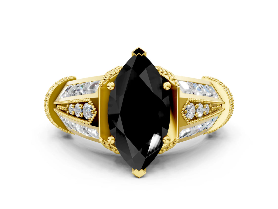 Yellow gold Vintage Milgrain Fancy Black Marquise Cut Diamond Split Shank Ring with Prong Setting