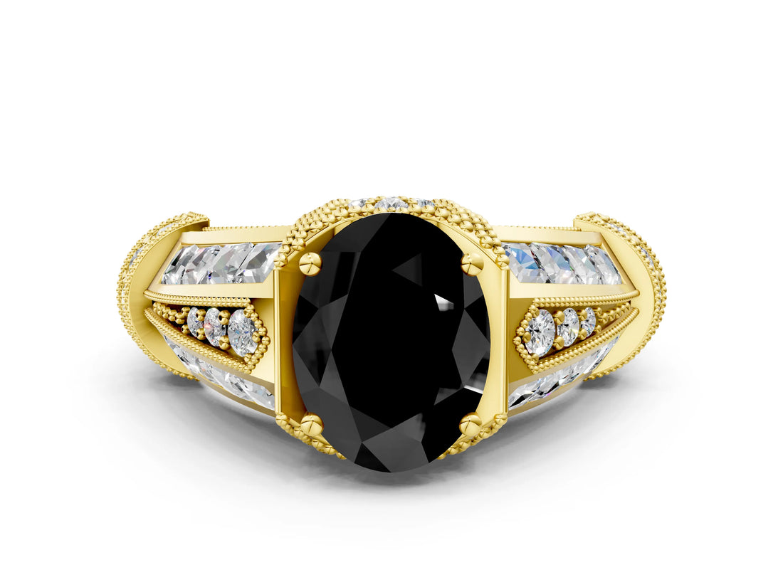 Yellow gold Vintage Milgrain Fancy Black Oval Cut Diamond Split Shank Ring with Prong Setting