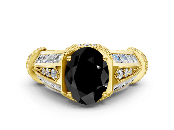 Yellow Gold Oval Vintage Hidden Halo Engagement Ring Setting for Black Center