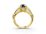 Yellow gold Vintage Milgrain Fancy Black Oval Cut Diamond Split Shank Ring with Prong Setting_3