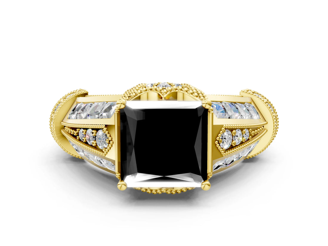 Yellow gold Vintage Milgrain Fancy Black Princess Cut Diamond Split Shank Ring with Prong Setting
