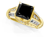 Yellow gold Vintage Milgrain Fancy Black Princess Cut Diamond Split Shank Ring with Prong Setting_1