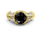 Yellow gold Vintage Milgrain Fancy Black Round Cut Diamond Split Shank Ring with Prong Setting