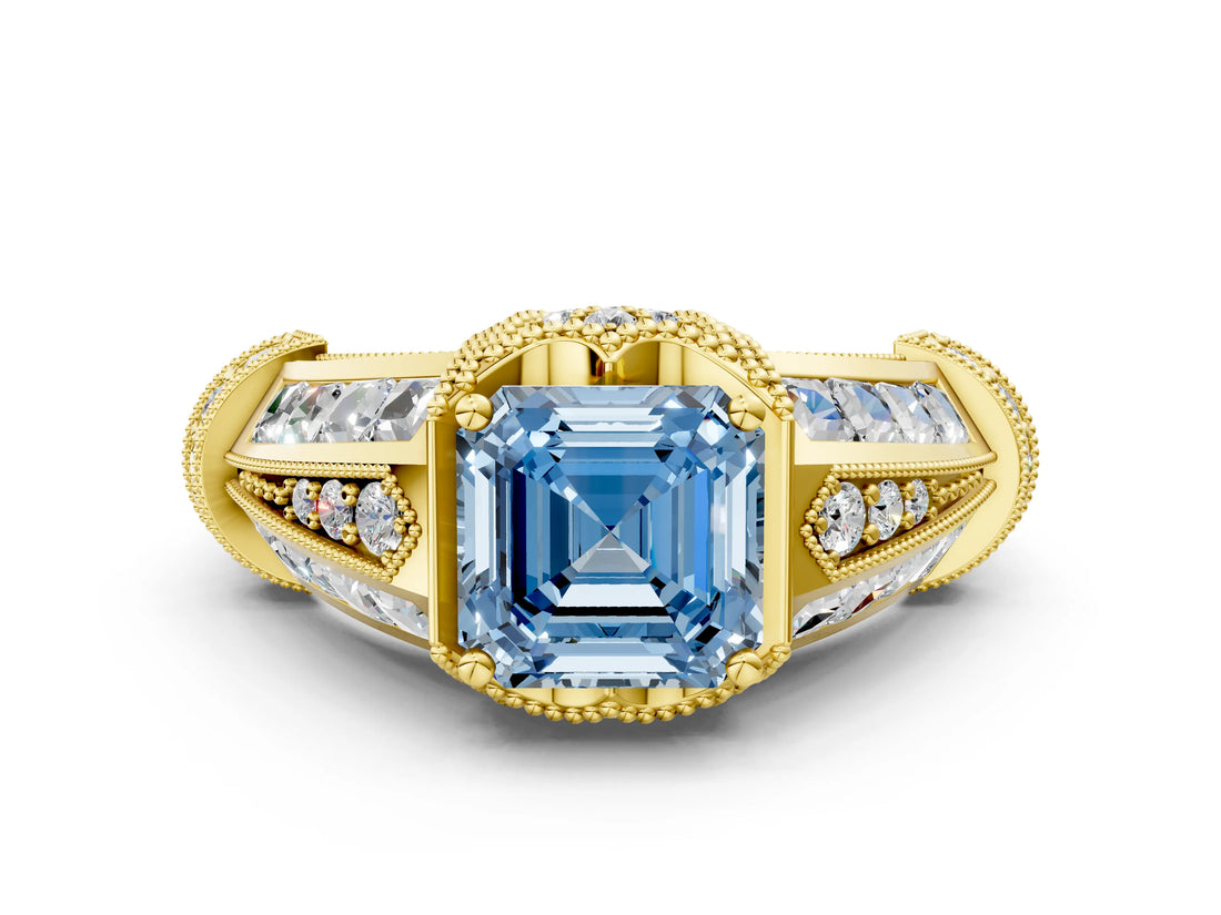 Yellow gold Vintage Milgrain Fancy Blue Asscher Cut Diamond Split Shank Ring with Prong Setting